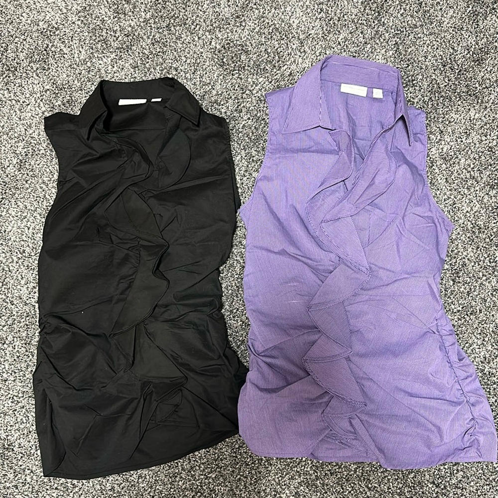 Never worn:New York & Company tank top,ruffle front black& purple/white strip